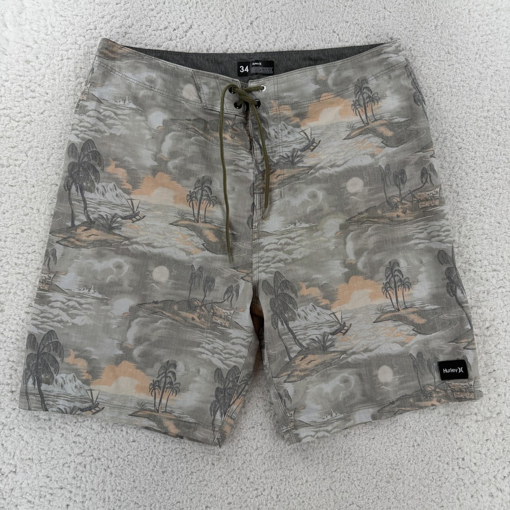 Hurley Phantom Board Shorts Mens 34 Gray Tropical Island Surf Swim Trunks Beach